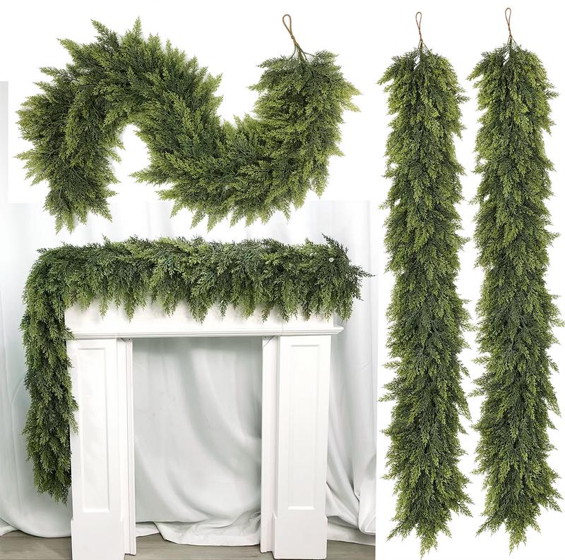 6 FT 2 Pcs Artificial Cedar Garlands, Real Touch Winter Cedar Garland, Green Artificial Greenery Pine Garland for Table, Mantle, Wall, Indoor, Outdoor Christmas Decorations (2, 6 FT)