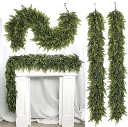 6 FT 2 Pcs Artificial Cedar Garlands, Real Touch Winter Cedar Garland, Green Artificial Greenery Pine Garland for Table, Mantle, Wall, Indoor, Outdoor Christmas Decorations (2, 6 FT)