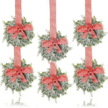 6-Pack Christmas Mini Window Wreaths with Ribbon Bows & Red Berries - Small Cabinet Hangers, Farmhouse Style Kitchen Door Decor for Christmas Party Arrangements